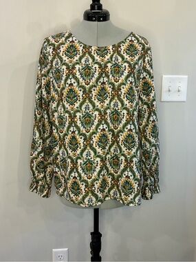 Talbots Cream Long Sleeve Blouse with Green and Gold Medallion Print